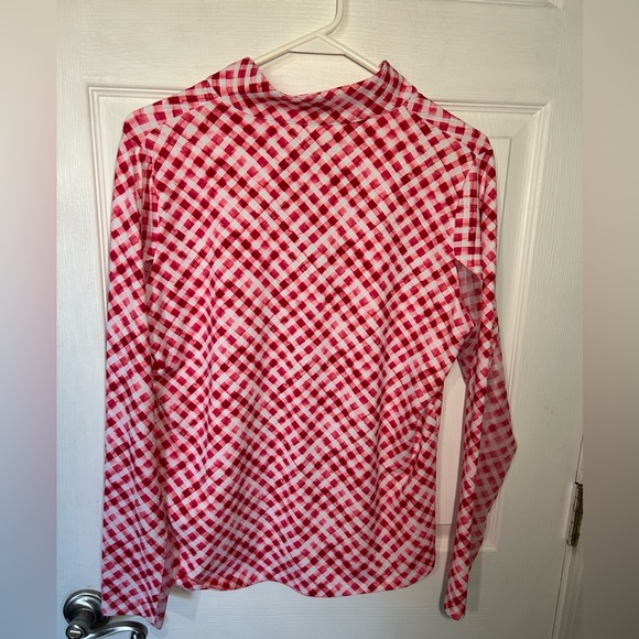IBKUL Women's Large Gingham Check Print Long Sleeve Mock Neck Red White 1/4 Zip - Picture 8 of 10